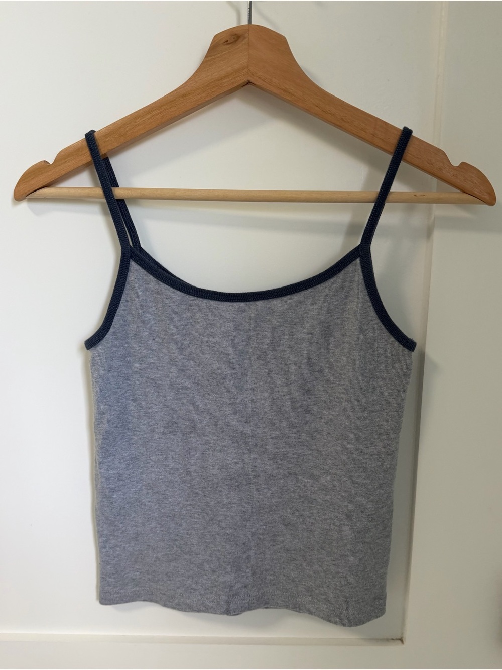 Brandy Melville Grey Ribbed Tank Top with Navy Trim and Teddy Embroidery - Picture 2 of 4